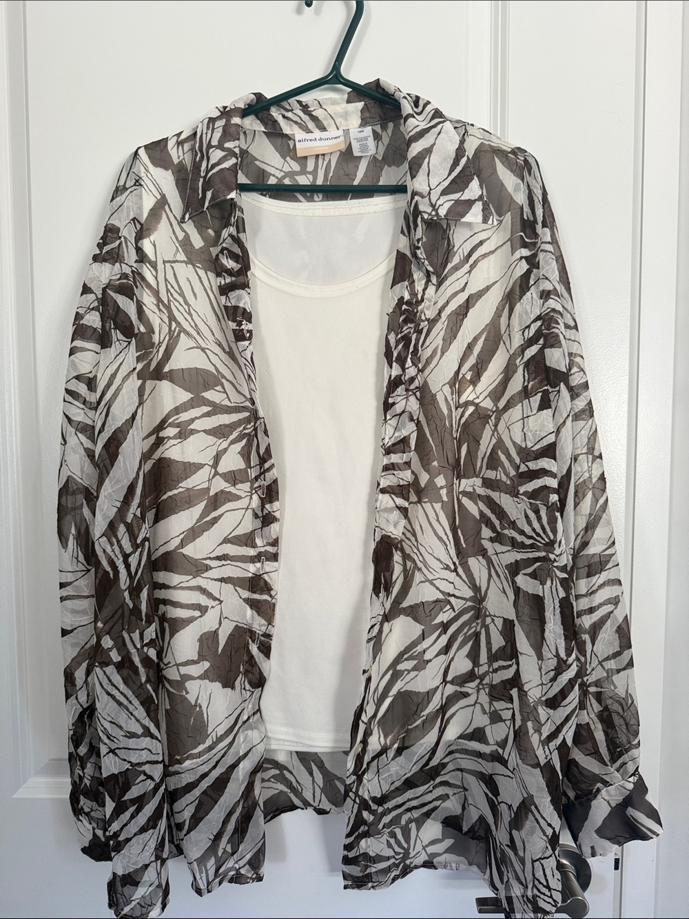 Alfred Dunner Brown and Cream Sheer Printed Button-Up